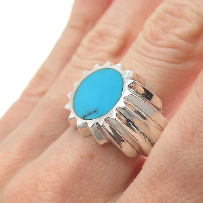 925 Sterling Silver Vintage Mexico Real Turquoise Modernist Sun Ring Size 13