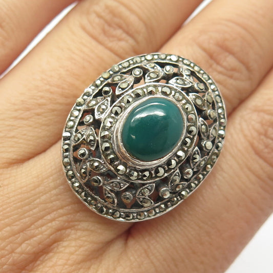 925 Sterling Silver Vintage Real Chalcedony & Marcasite Gemstone Ring Size 7.25