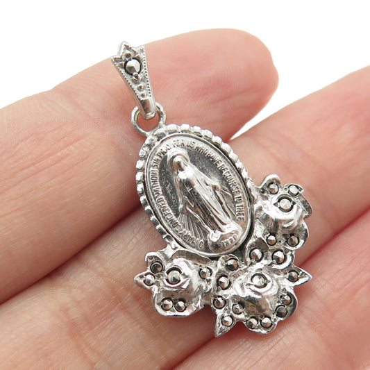 925 Sterling Silver Antique Marcasite Gem St. Mary Miraculous Religious Pendant