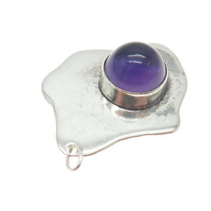 925 Sterling Silver Vintage Real Amethyst Gemstone Modernist Pendant