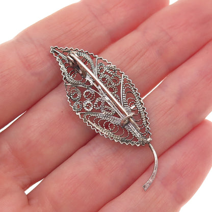 925 Sterling Silver Vintage Floral Leaf Filigree Oxidized Pin Brooch