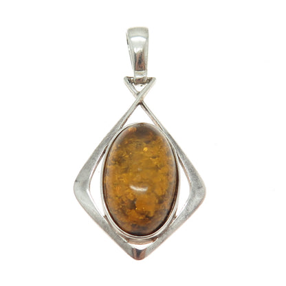 925 Sterling Silver Vintage Real Amber Modernist Pendant