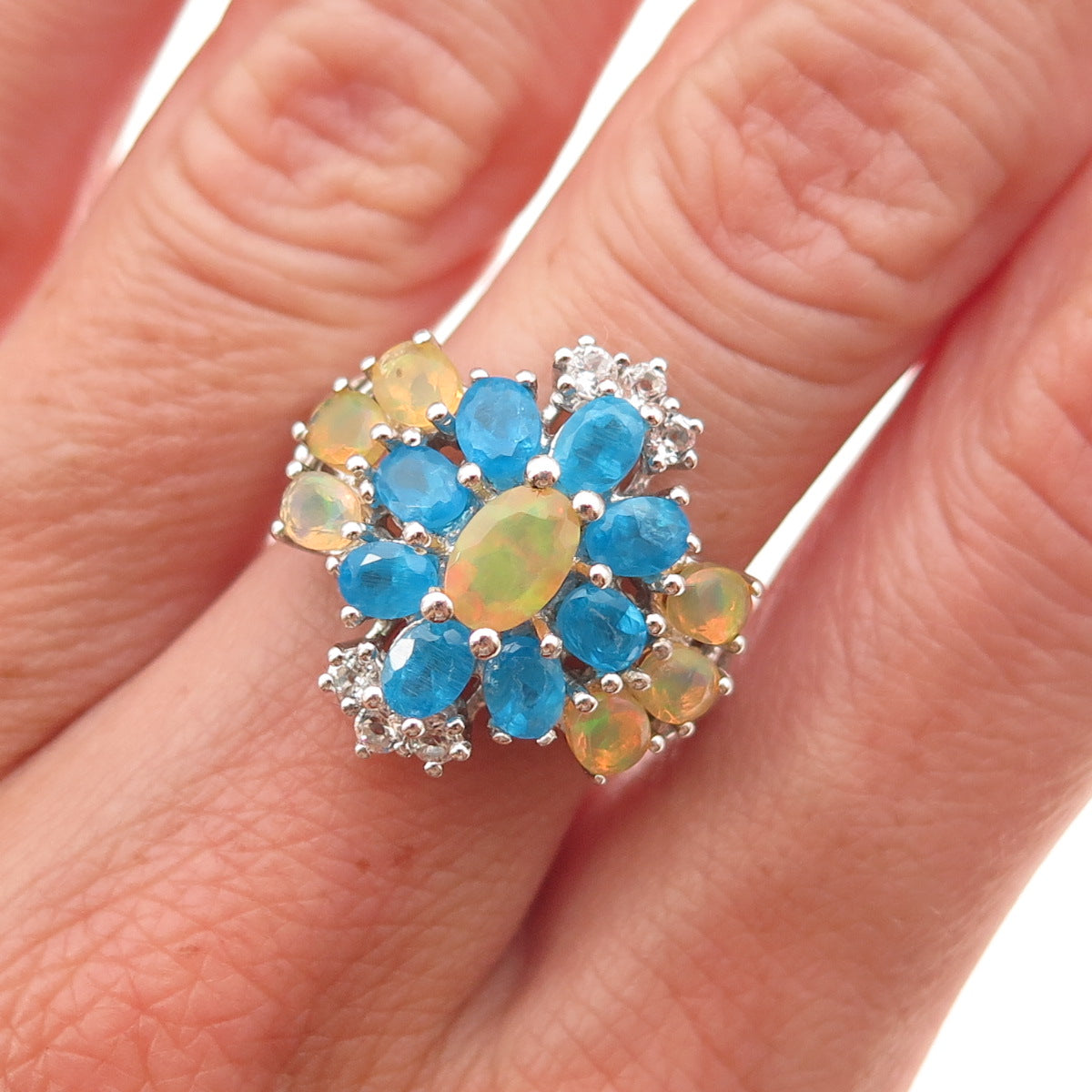 925 Sterling Silver Real Opal Apatite & White Topaz Ring Size 5.5
