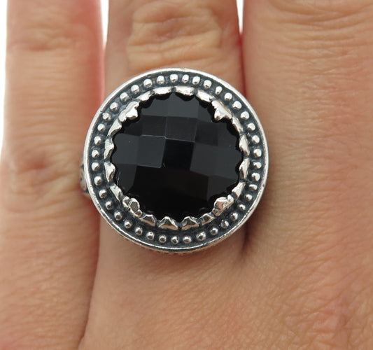 925 Sterling Silver Vintage Real Black Spinel Gemstone Ornate Ring Size 7