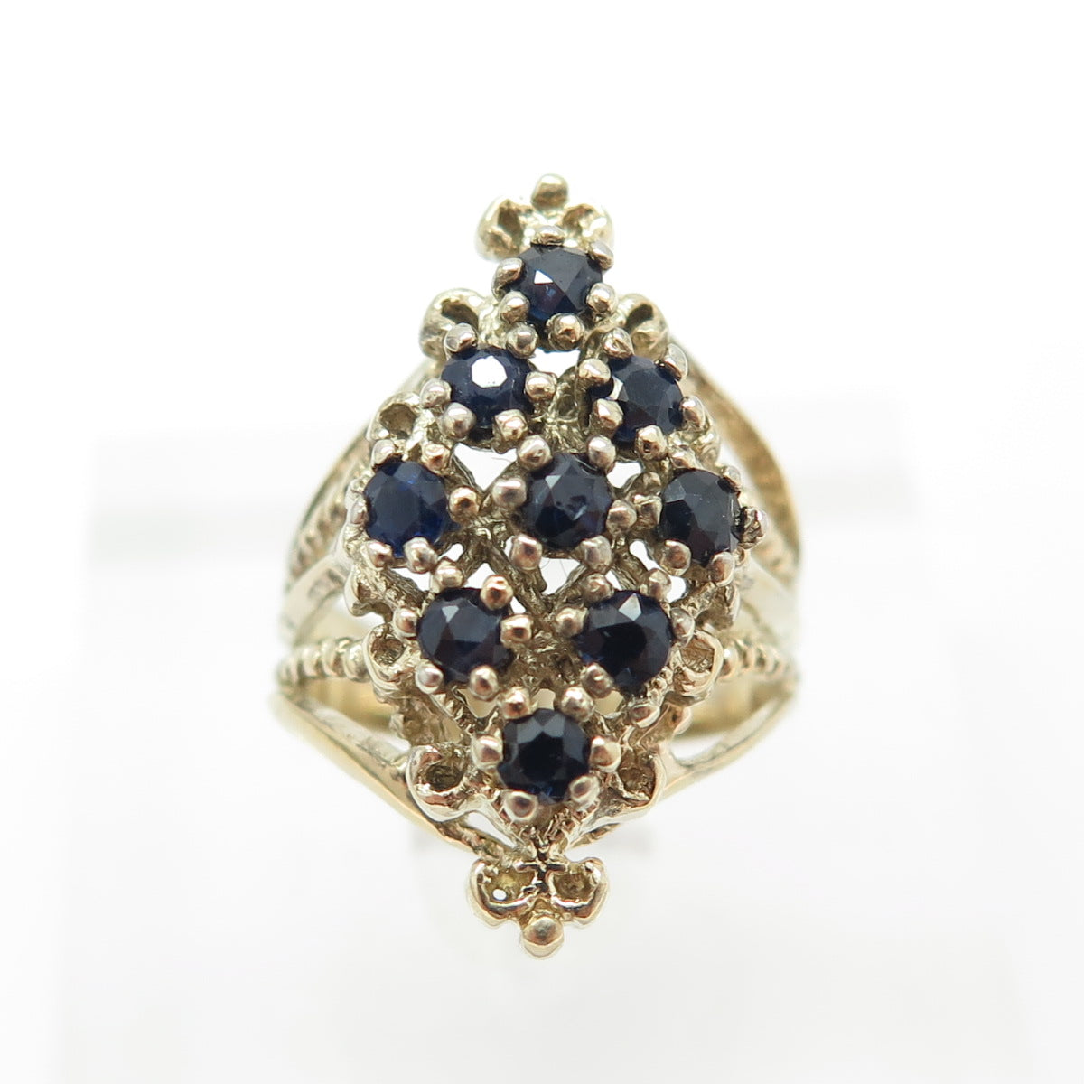 925 Sterling Silver Gold Plated Vintage Real Round-Cut Sapphire Ring Size 5.5