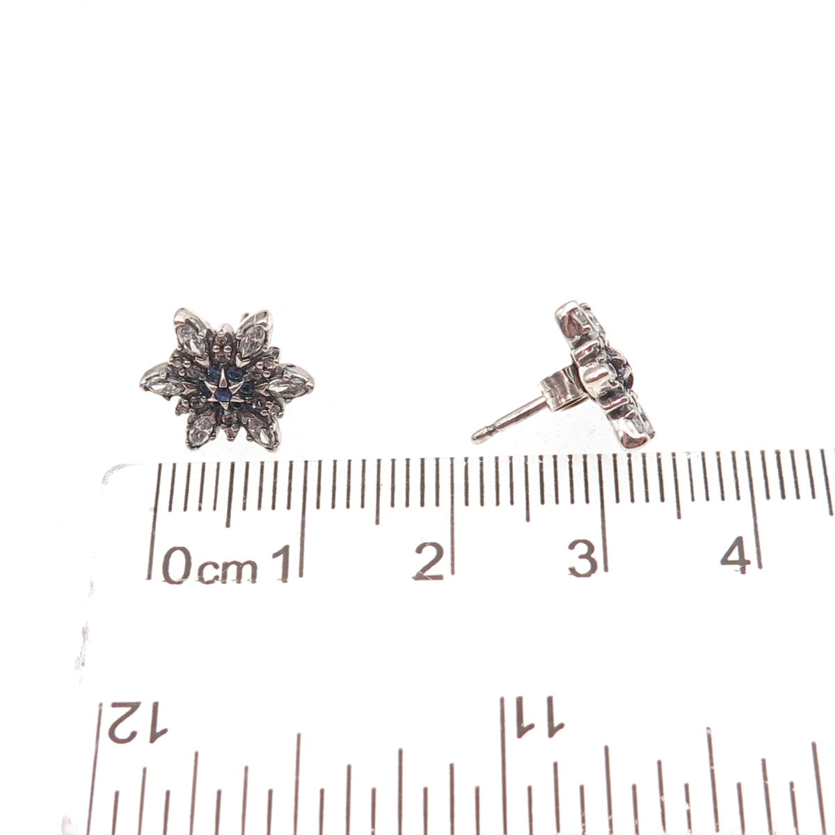 Pandora 925 Sterling Silver Blue & White C Z Snowflake Stud Earrings