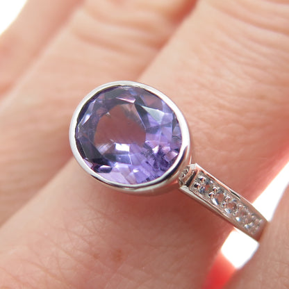 DSMK 925 Sterling Silver Real Amethyst & White Topaz Gemstone Ring Size 8.25