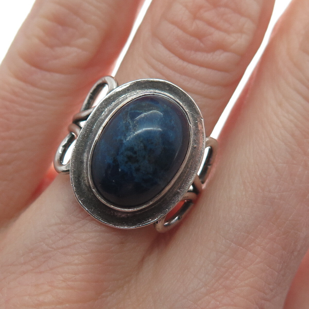 925 Sterling Silver Vintage Real Lapis Modernist Oxidized Ring Size 5.75