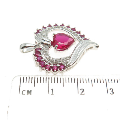 SAI 925 Sterling Silver Lab-Created Pink Sapphire Real White Topaz Heart Pendant