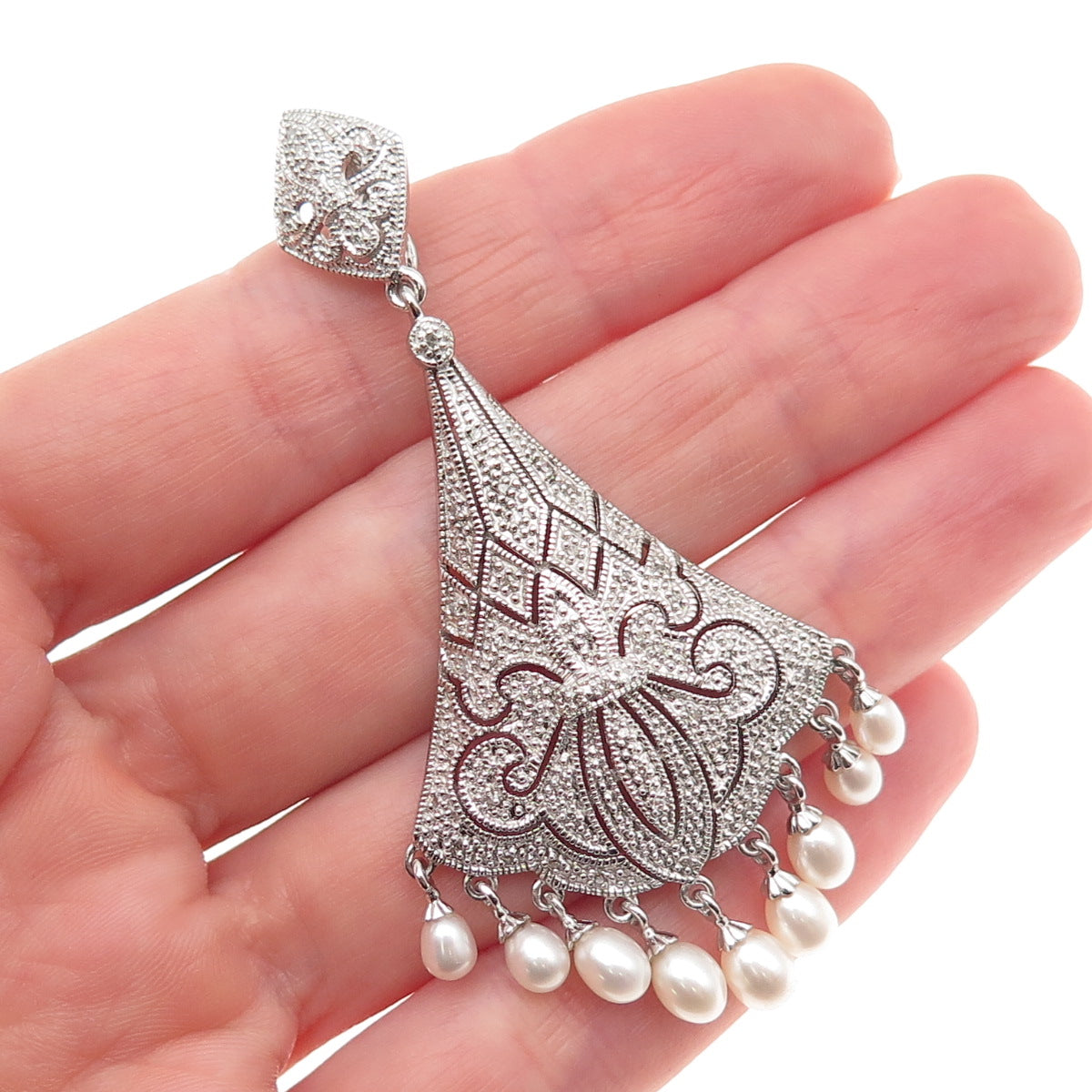 925 Sterling Silver Real Diamond & Pearl Fleur de Lis Pendant