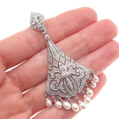 925 Sterling Silver Real Diamond & Pearl Fleur de Lis Pendant