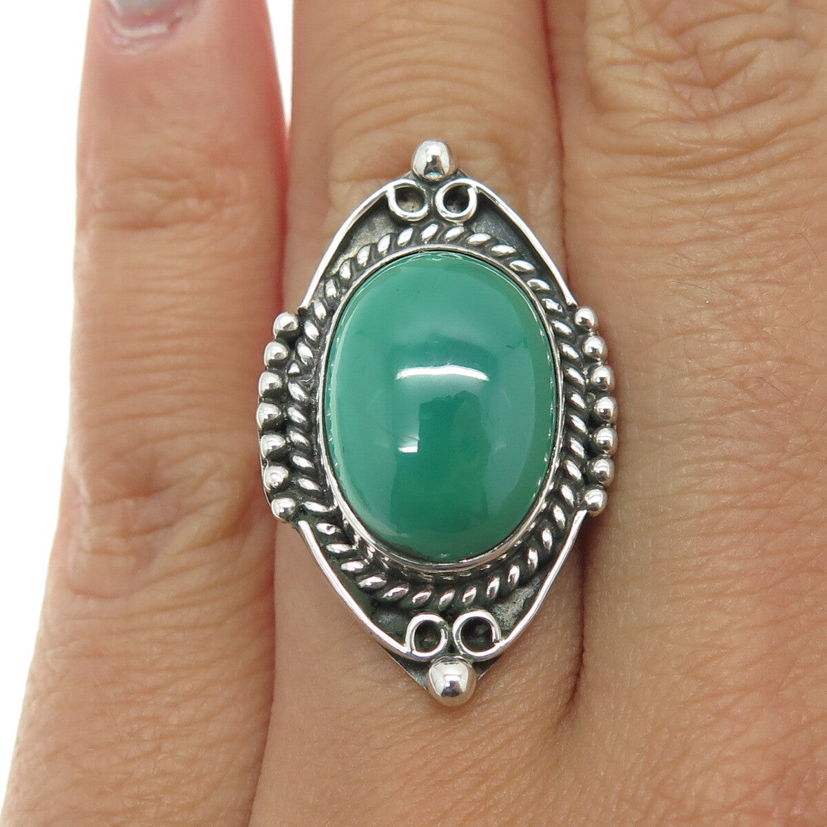 925 Sterling Silver Vintage Real Malachite Granulated Ring Size 6.25