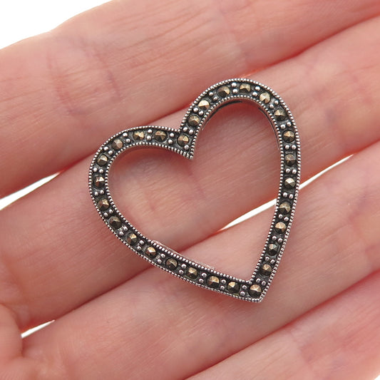 925 Sterling Silver Vintage Real Marcasite Heart Oxidized Slide Charm Pendant