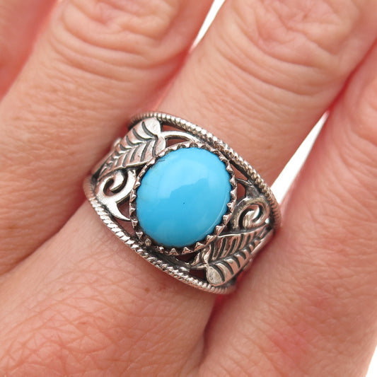 925 Sterling Silver Vintage Real Turquoise Floral Oxidized Ring Size 8
