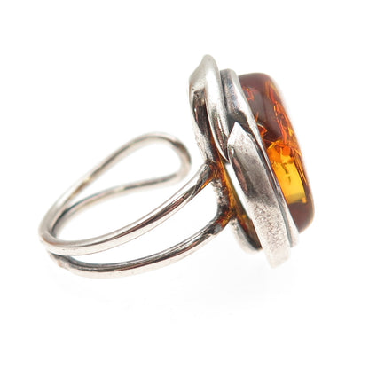 925 Sterling Vintage Poland Real Amber Modernist Adjustable Ring Size 8.75