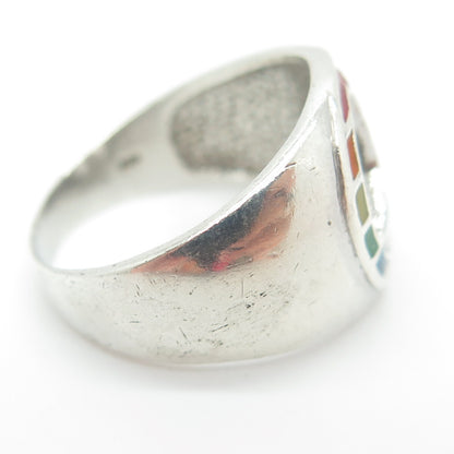 925 Sterling Silver Vintage Enamel Pride Flag Peace Symbol Ring Size 8.25