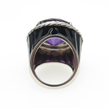 925 Sterling Silver Enamel Round-Cut Purple C Z Statement Ring Size 7.25