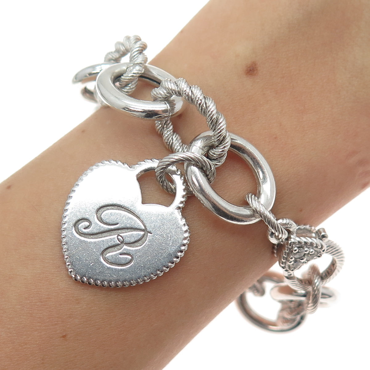 JUDITH RIPKA 925 Sterling Silver C Z Letter R Heart Tag Cable Link Bracelet 7.5"