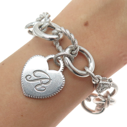 JUDITH RIPKA 925 Sterling Silver C Z Letter R Heart Tag Cable Link Bracelet 7.5"