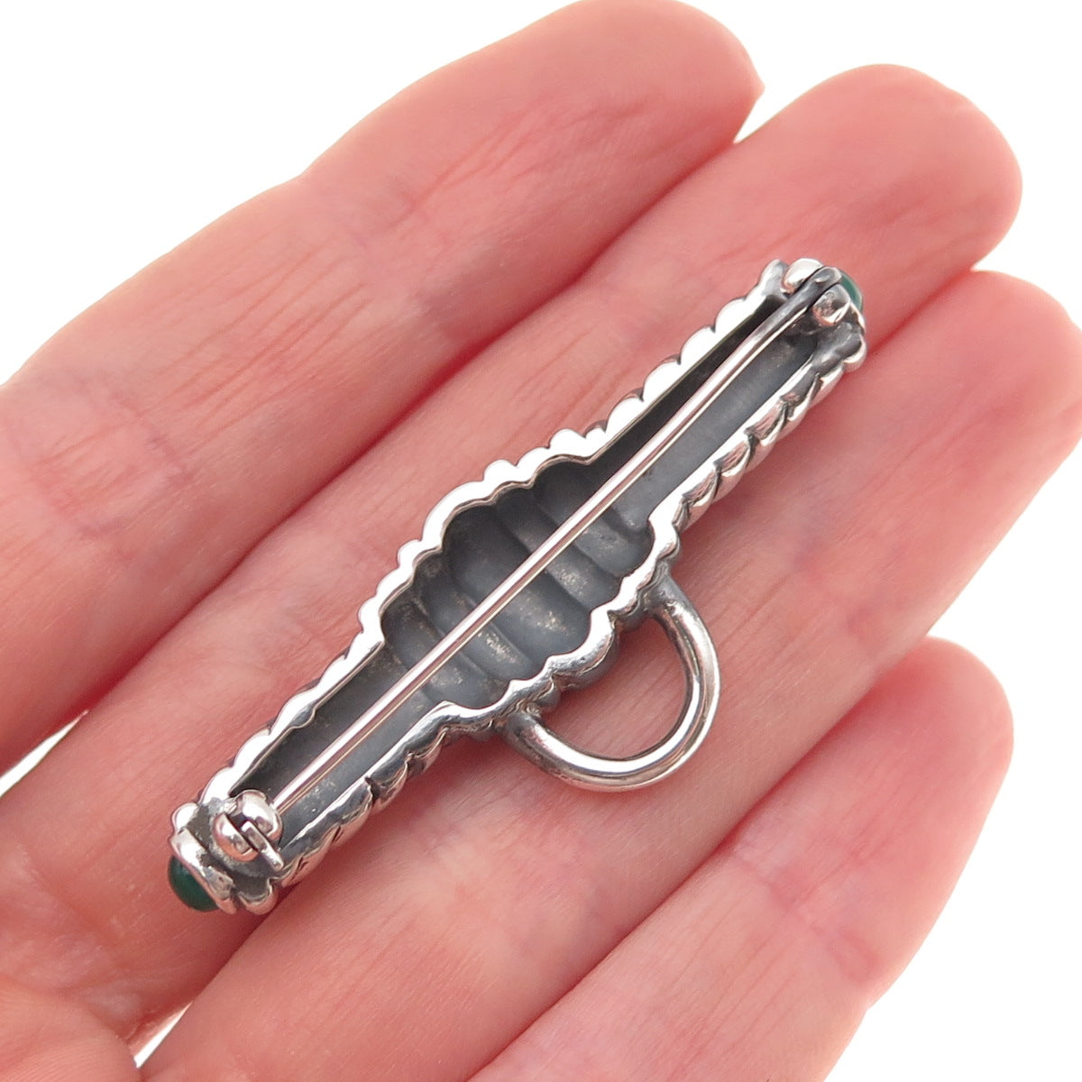 925 Sterling Silver Vintage Green Onyx Bar Charm Holder Pin Brooch