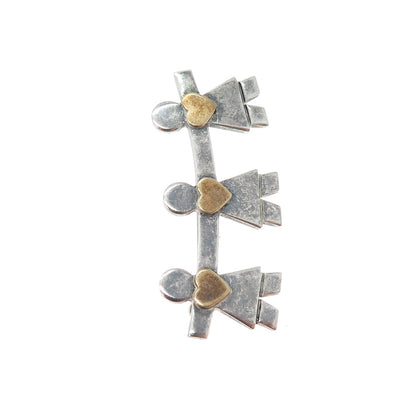 NALDO 925 Sterling Silver 2-Tone Vintage Children Holding Hands Heart Pin Brooch