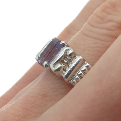 925 Sterling Silver Vintage Real Emerald-Cut Amethyst Gem Column Ring Size 7.75