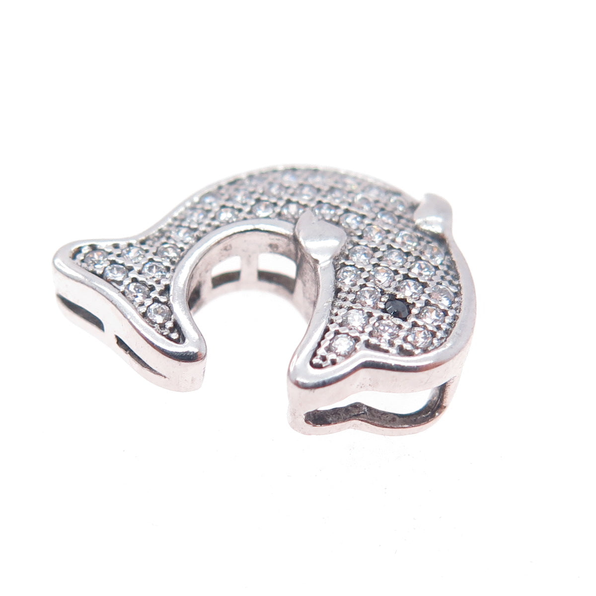925 Sterling Silver Round-Cut Black & White C Z Dolphin Mini Slide Pendant