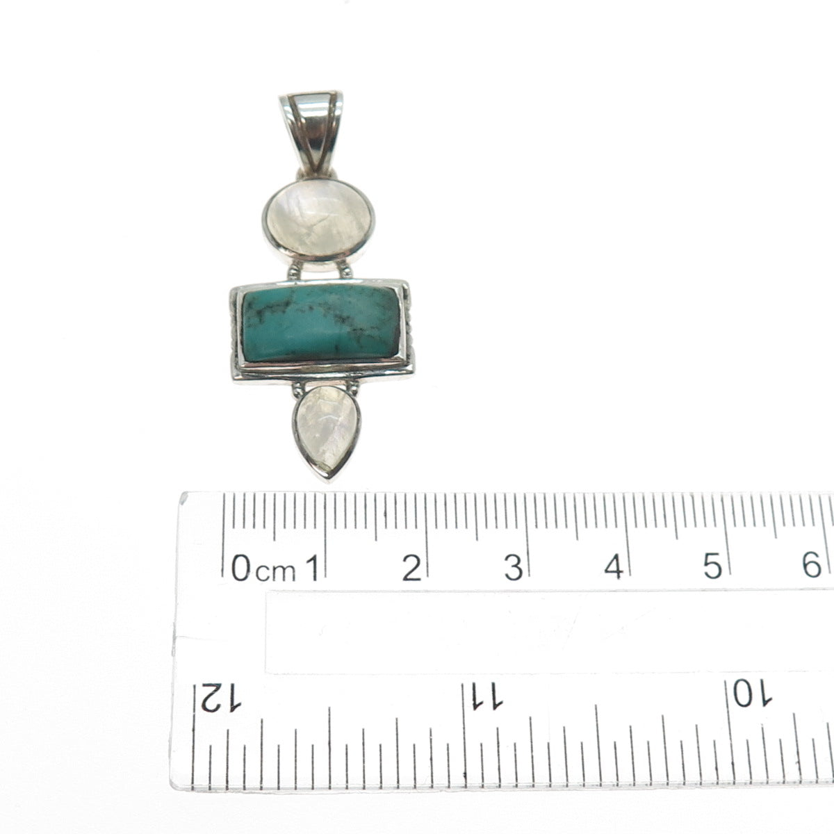 925 Sterling Silver Vintage Real Turquoise & Moonstone Modernist Charm Pendant