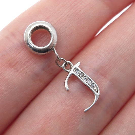 925 Sterling Silver Round-Cut C Z Letter J Initial Dangle Charm Pendant