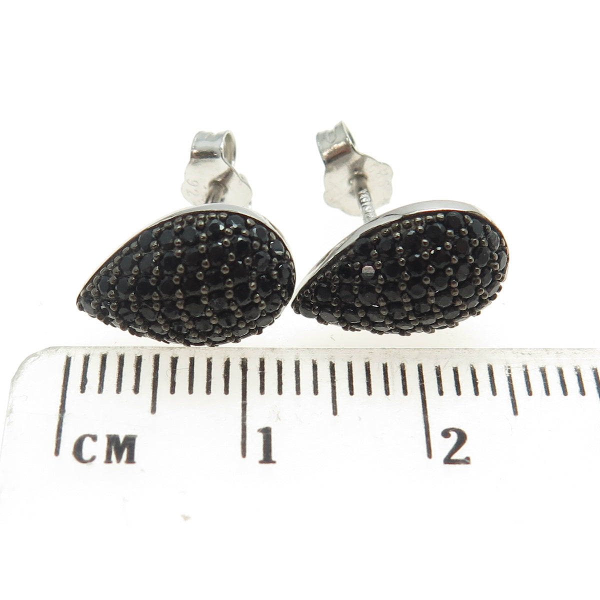 925 Sterling Silver Round-Cut Black C Z Teardrop Earrings