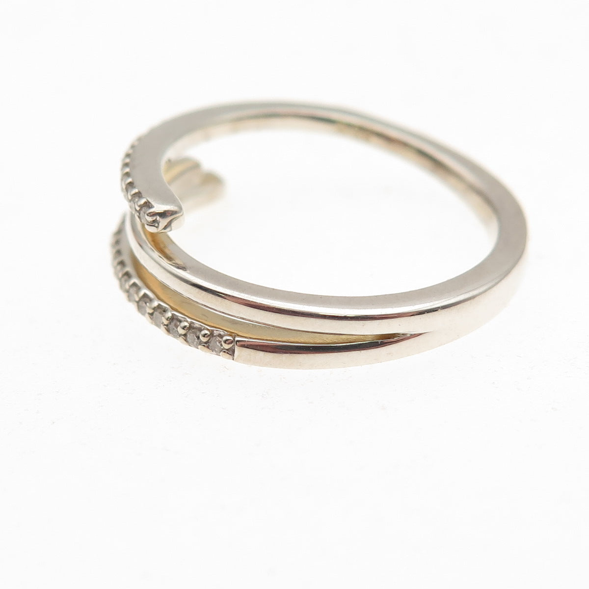 925 Sterling Silver Real Round-Cut Diamond Bypass Adjustable Ring Size 7.25