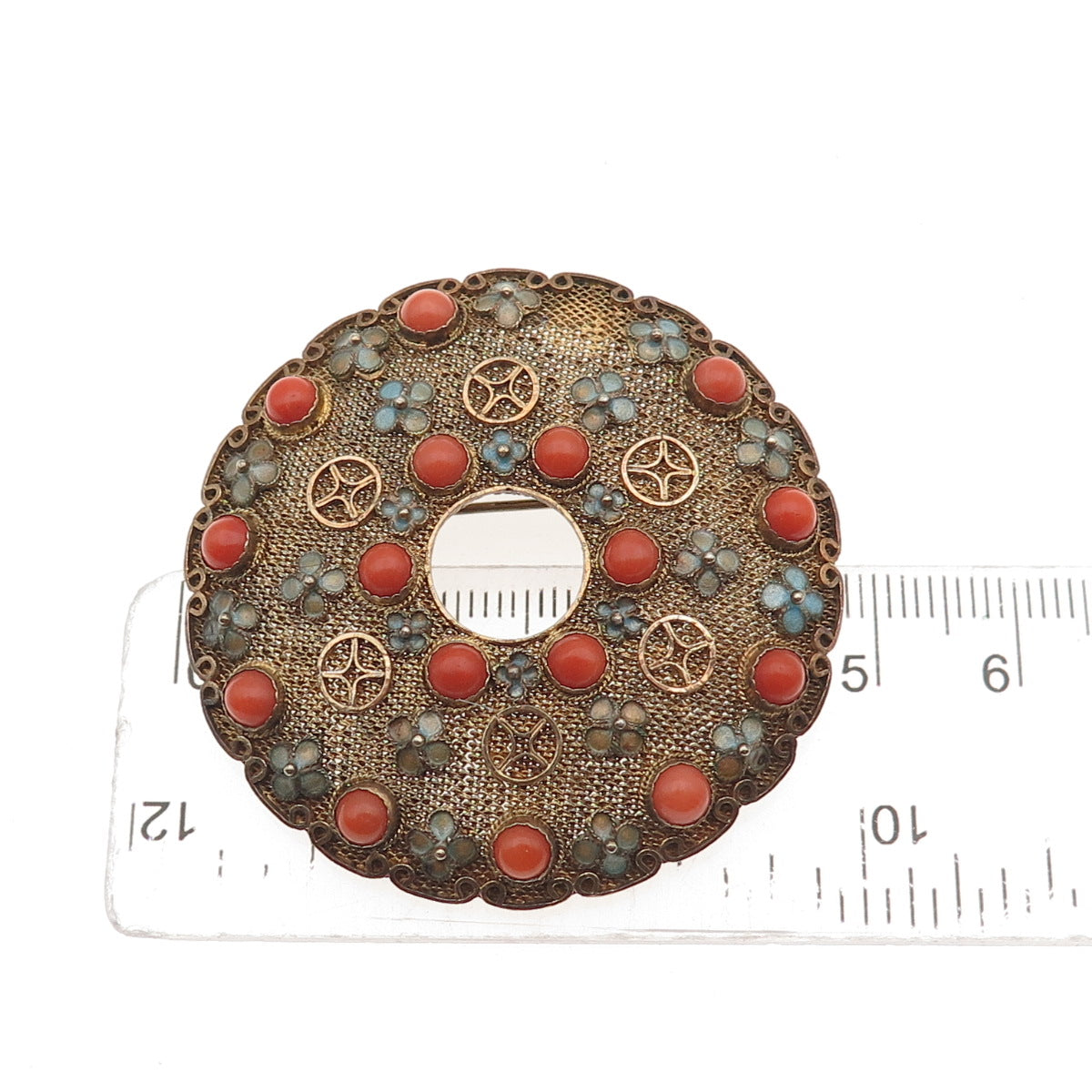 925 Sterling Silver Gold Plated Antique China Enamel Real Coral Floral Brooch