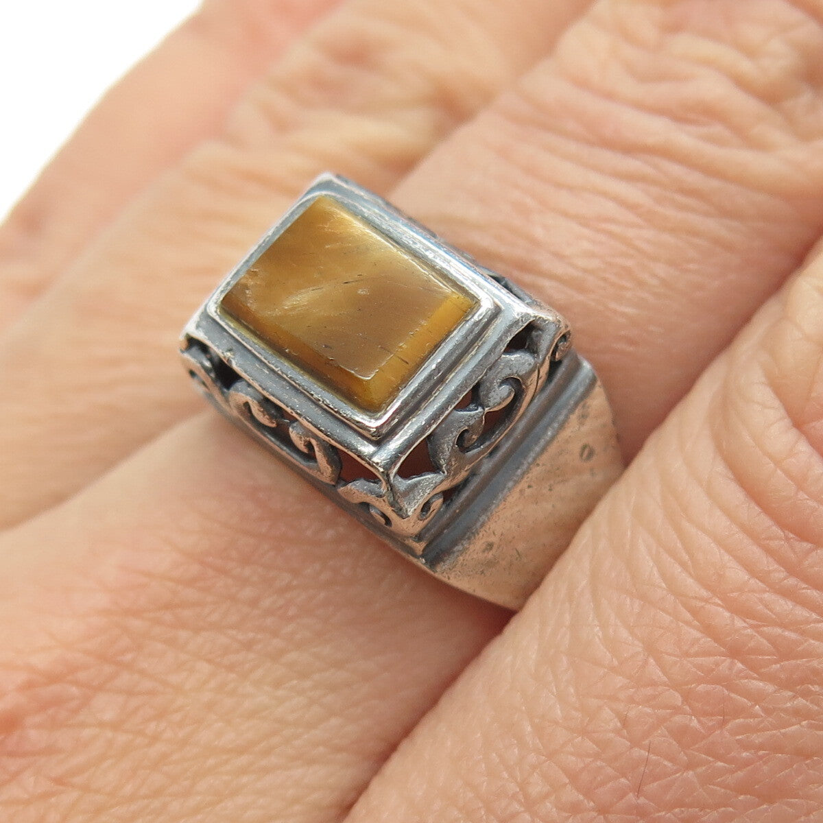 925 Sterling Silver Vintage Real Tiger Eye Gemstone Swirl Ring Size 6.75