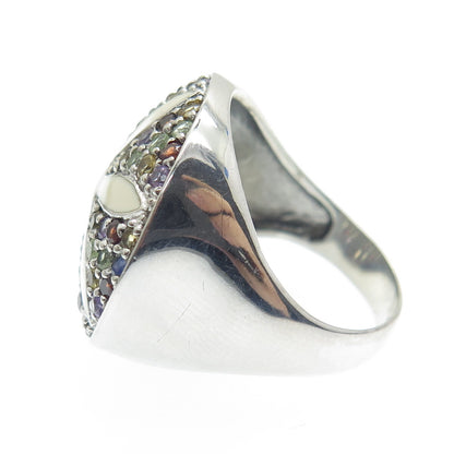 925 Sterling Silver Enamel Real Multi-Color Sapphire Flower Ring Size 7.25