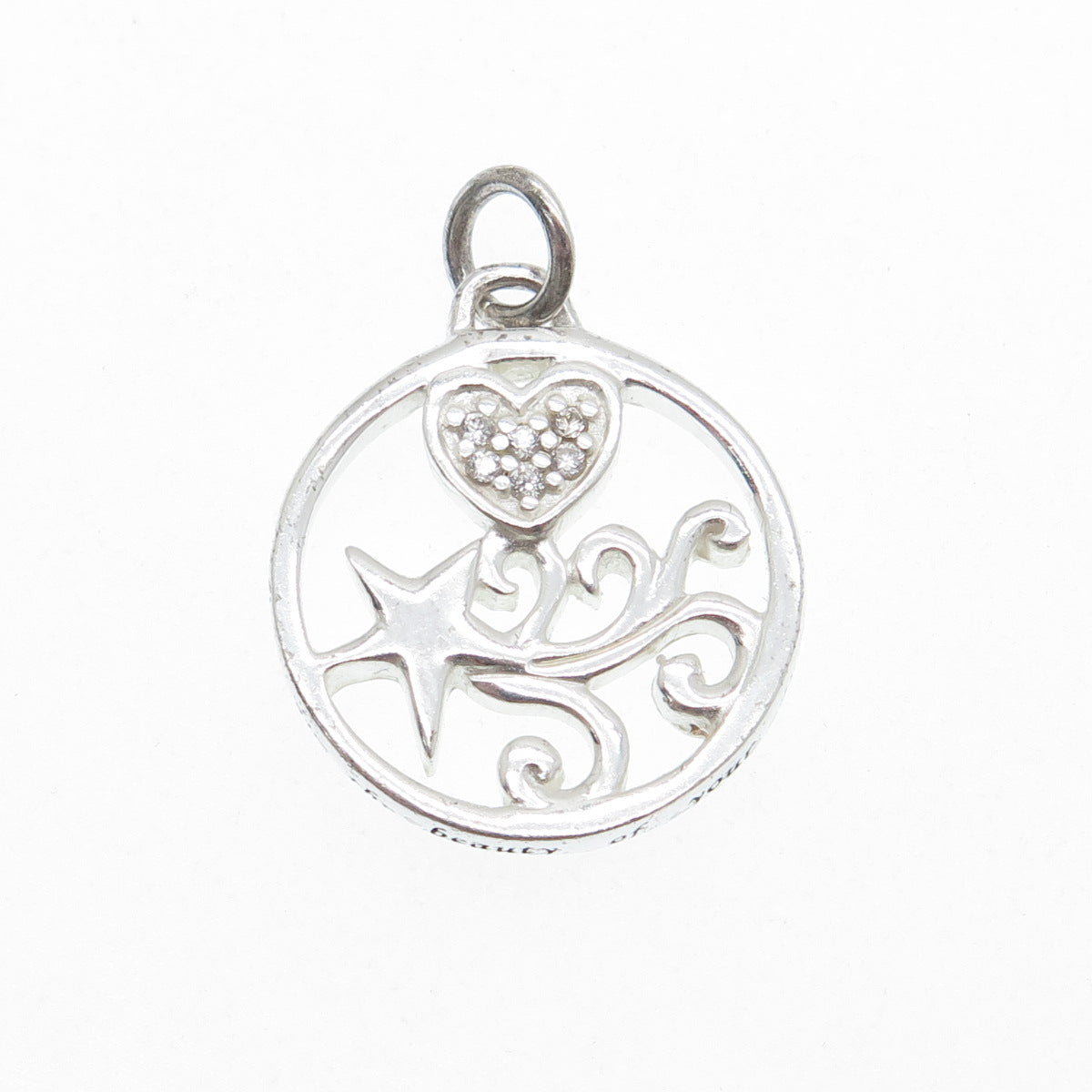 925 Sterling Silver Round-Cut C Z Heart & Falling Star Charm Pendant