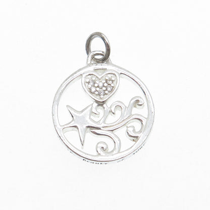 925 Sterling Silver Round-Cut C Z Heart & Falling Star Charm Pendant