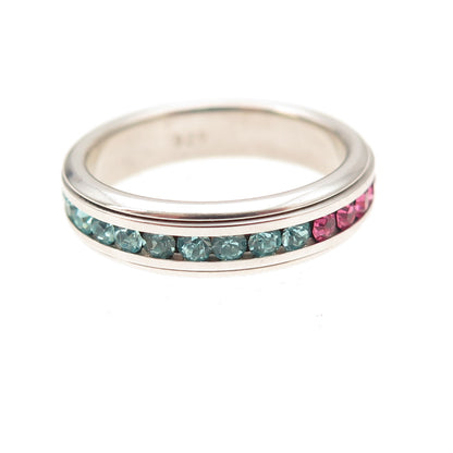 925 Sterling Silver Round-Cut Multi-Color Rhinestone Band Ring Size 6.25