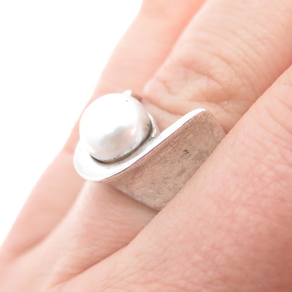 925 Sterling Silver Vintage Real Pearl Modernist Ring Size 6