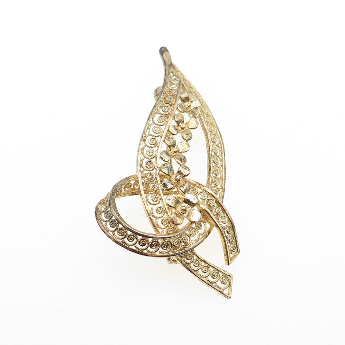FOREIGN 925 Sterling Silver Gold Plated Vintage Flower Filigree Pin Brooch