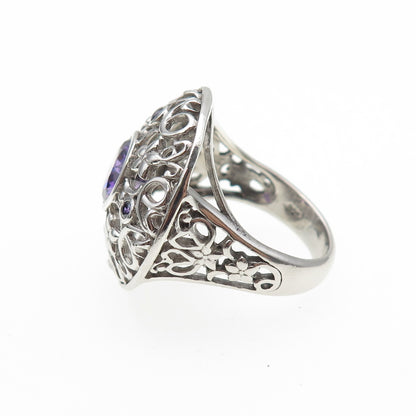 925 Sterling Silver Real Round-Cut Amethyst Ornate Flower Ring Size 8.25
