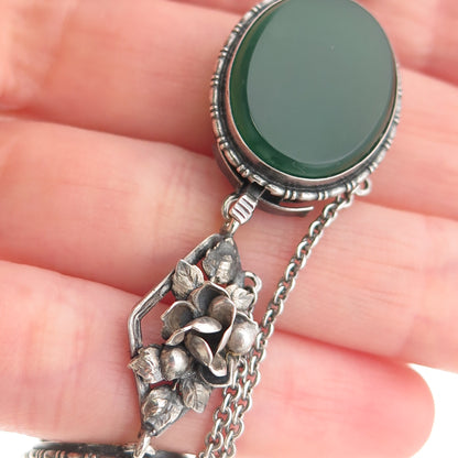 925 Sterling Silver Antique Art Deco Real Green Agate Floral Bracelet 7.25"