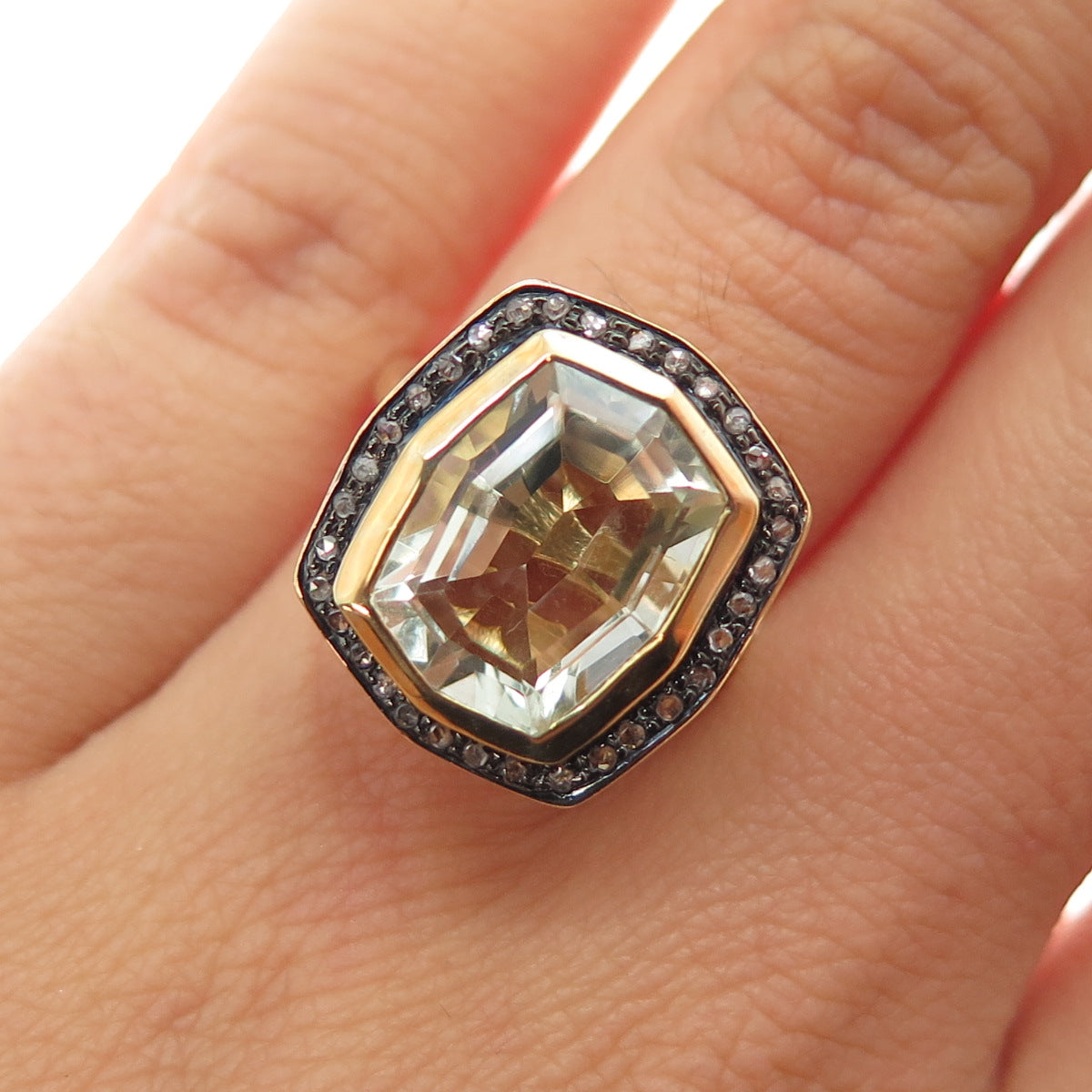 925 Sterling Silver Gold Plated Real Diamond & Green Amethyst Ring Size 5.75