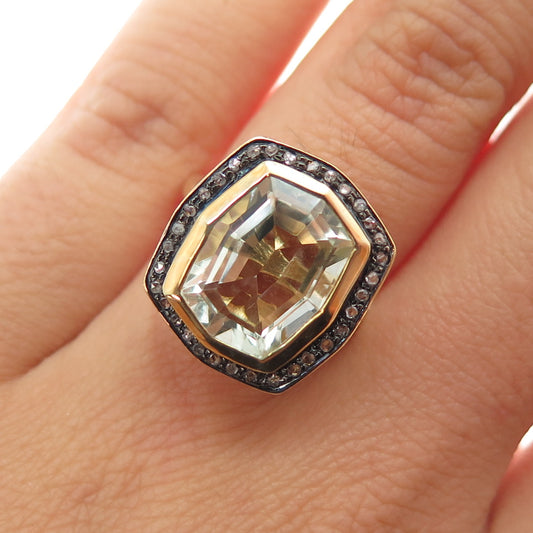 925 Sterling Silver Gold Plated Real Diamond & Green Amethyst Ring Size 5.75