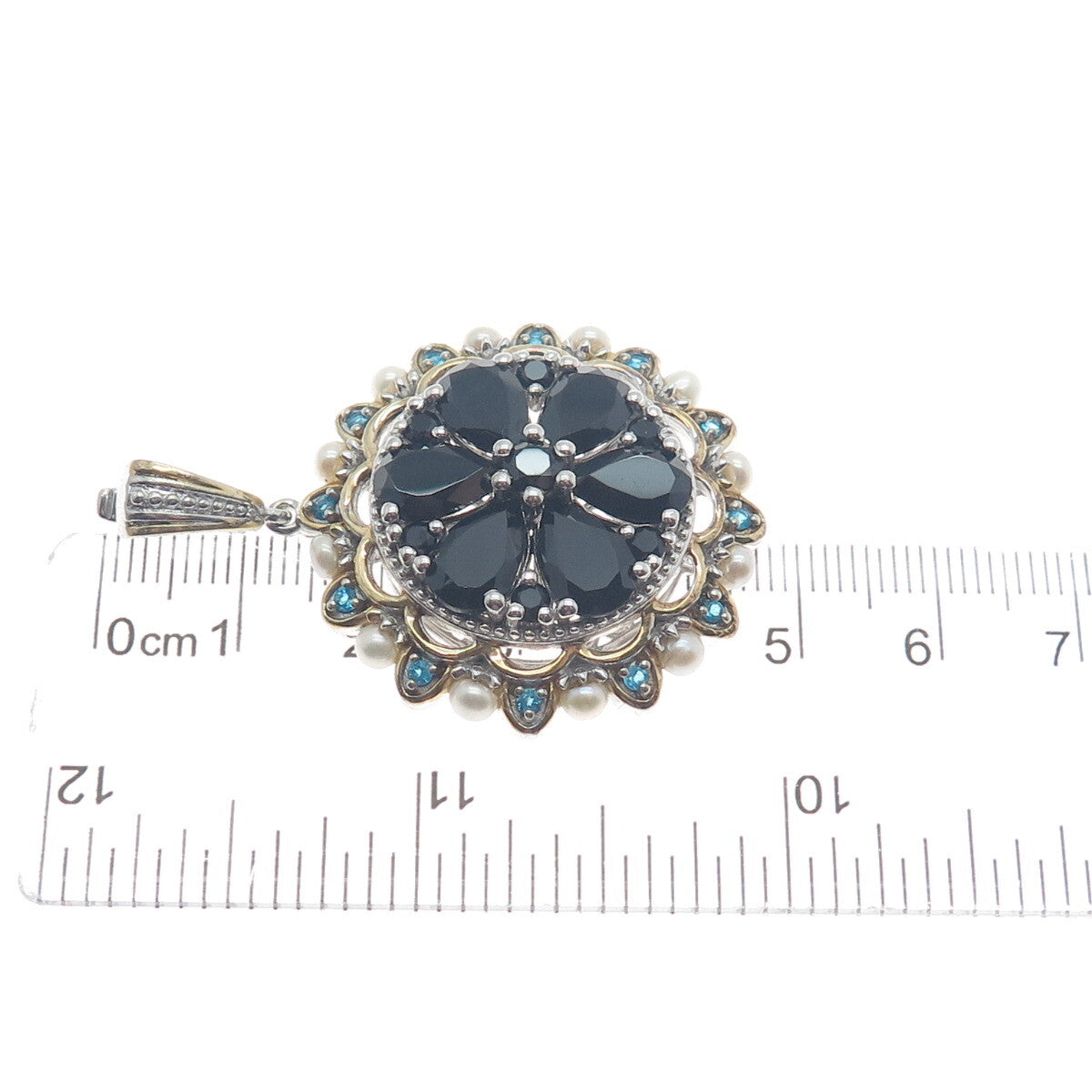 CHUCK CLEMENCY 925 Sterling 2-Tone Pearl Black Spinel Opalite Gem Floral Pendant