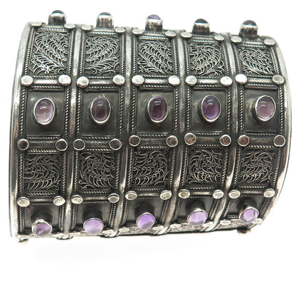 925 Sterling Silver Vintage Amethyst Solid 155.1g Wide Adjustable Bracelet 8.5"