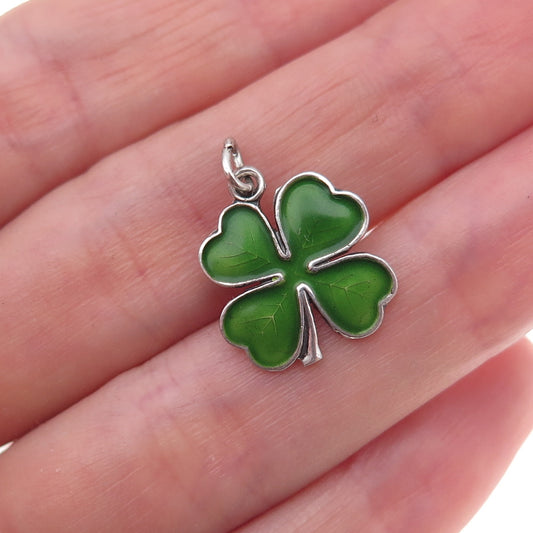 925 Sterling Silver Vintage Enamel Clover Good Luck Oxidized Charm Pendant