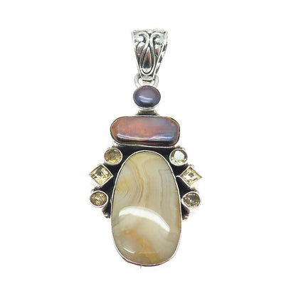 925 Sterling Silver Vintage Tahitian Pearl Picture Agate & Citrine Gem Pendant