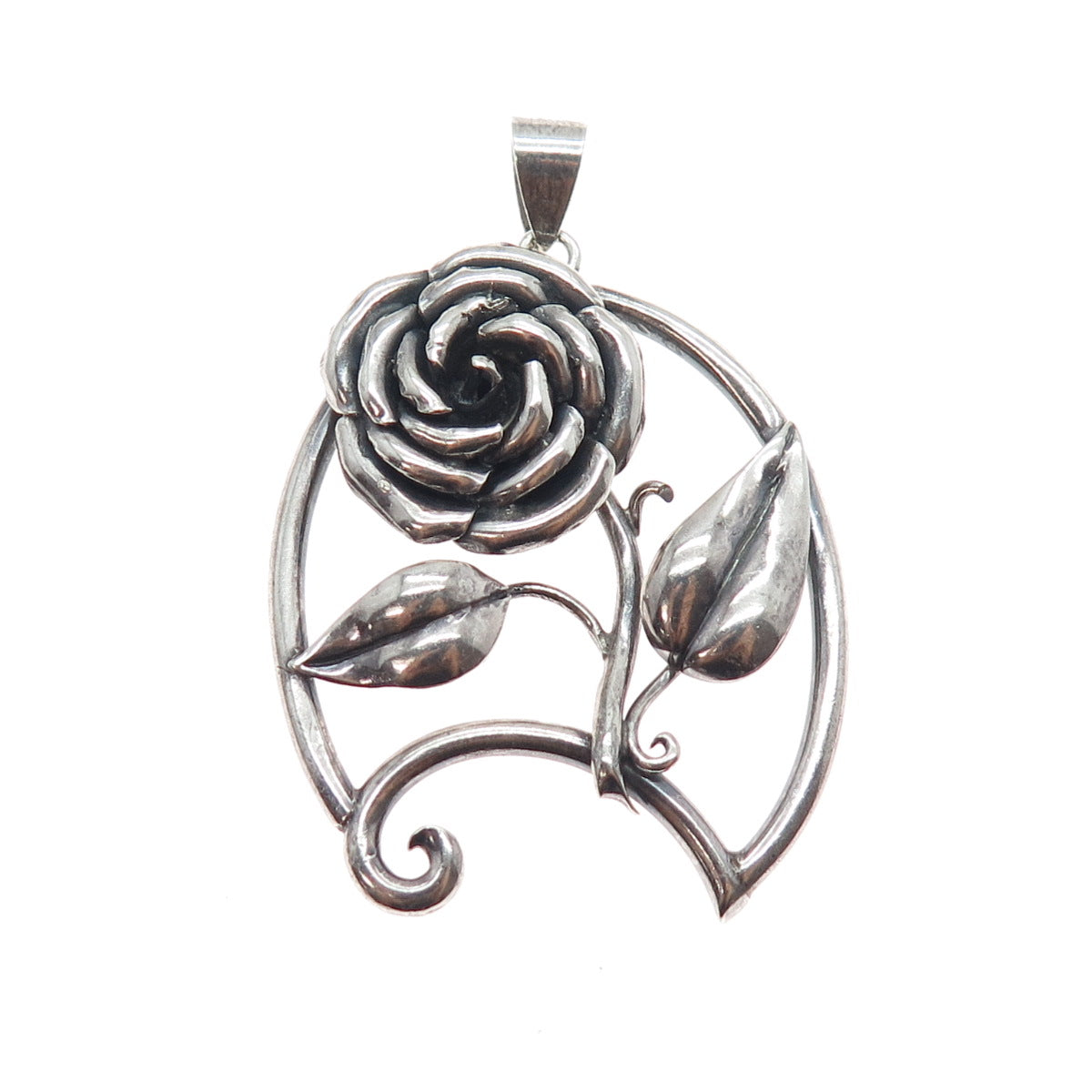 925 Sterling Silver Vintage Belle Rose Oxidized Charm Pendant