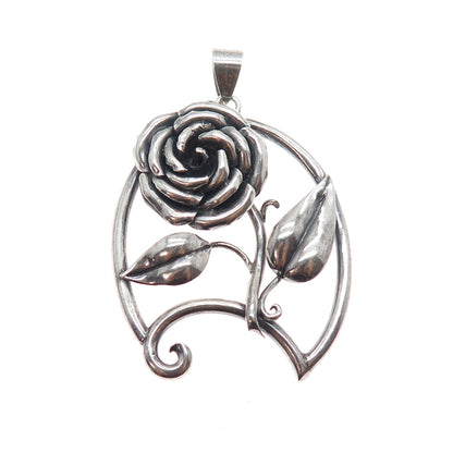 925 Sterling Silver Vintage Belle Rose Oxidized Charm Pendant