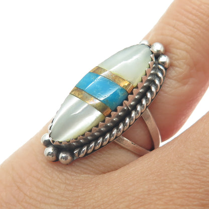 JONATHAN BEYUKA ZUNI Old Pawn Sterling Silver 2-Tone Turquoise & MOP Ring Size 5